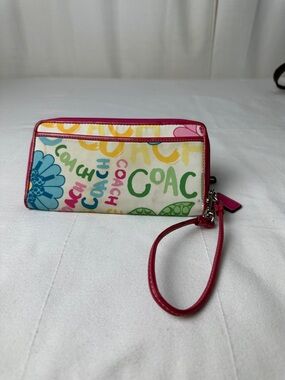 Coach Multicolor Signature Floral Wristlet with Pink Trim